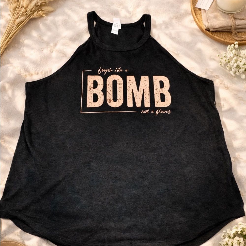 Graphic Tank Top Black “Bomb Not a Flower” Sleeveless Halter Style Casual